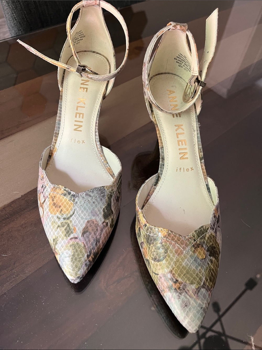 Anne Klein Multicolor Floral Snake-Print Pointed Ankle-Strap Pumps